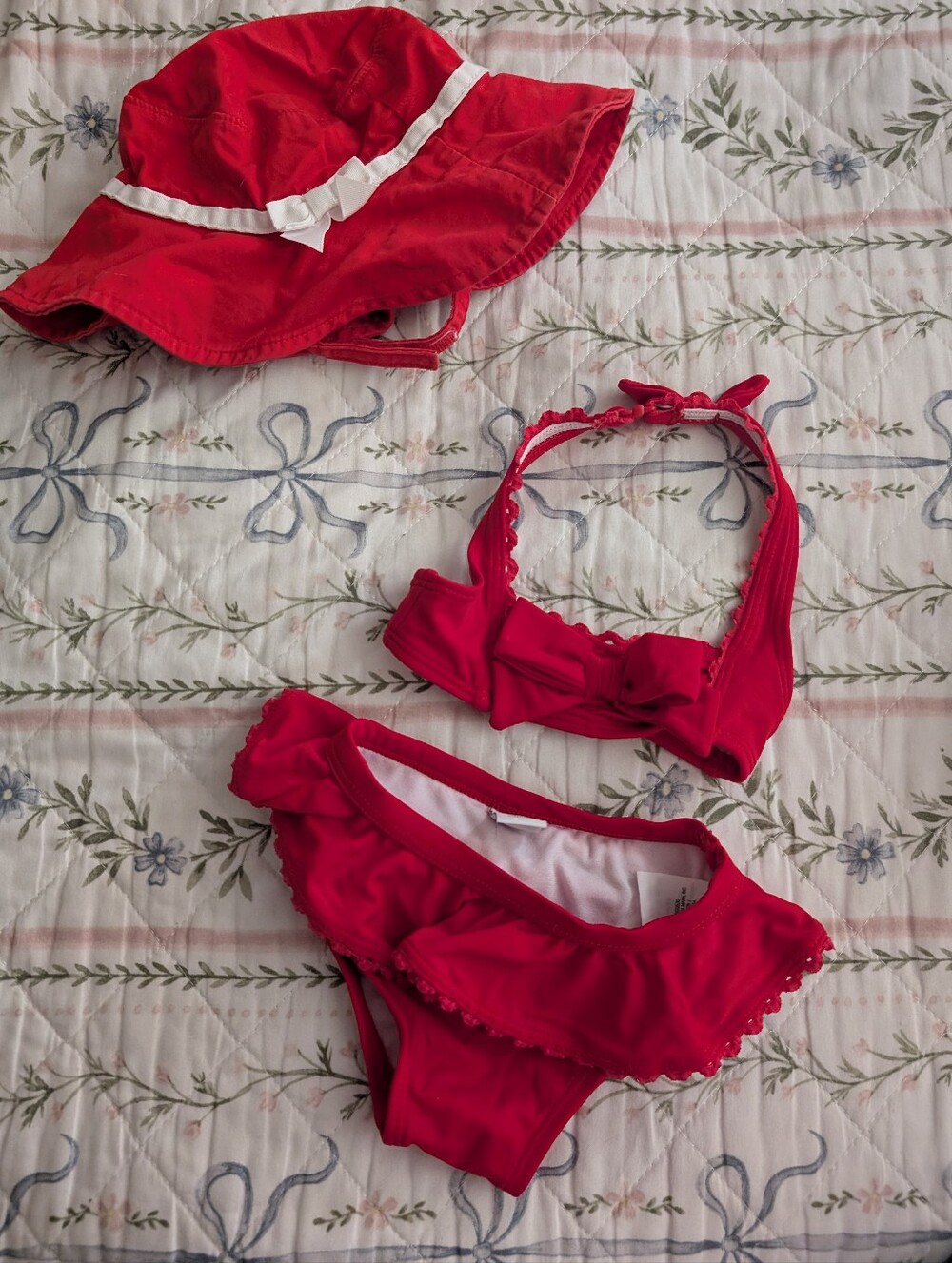 Girls' Red Ruffle Two-Piece Swim Set 3-6months And Sunhat